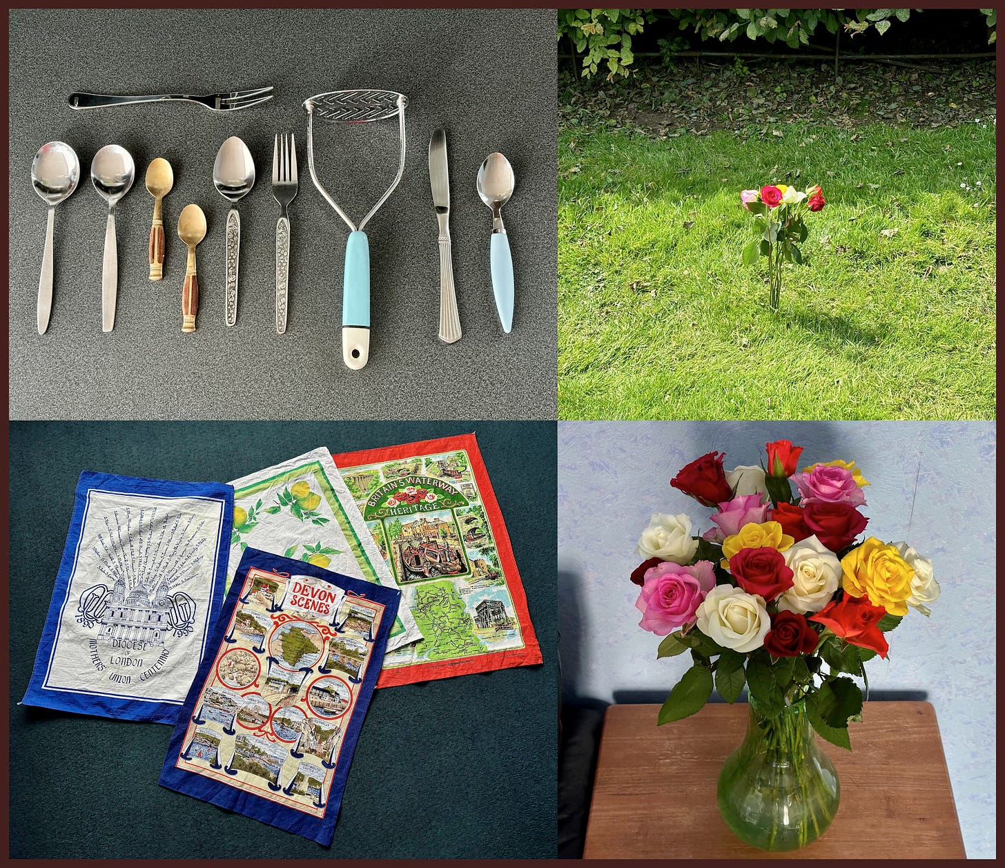 A collage of four images. Old cutlery, flowers in a field at a crematorium, four tea towels including one of Devon scenes, and flowers in a green glass vase.