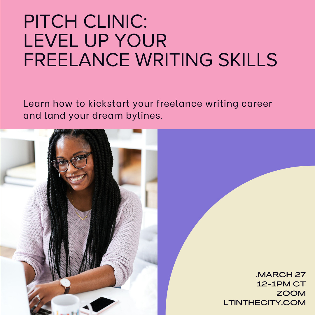 Graphic promoting an upcoming workshop on pitching and freelance writing on March 27
