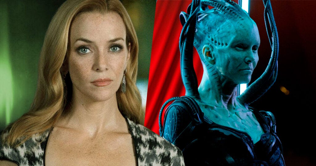 This diptych shows, on the left, a studio portrait of actress Annie Wersching and, on the right, a production still of Wersching in full makeup as the Borg Queen (as seen in Star Trek: Picard's sophomore season). This diptych shows, on the left, a studio portrait of actress Annie Wersching and, on the right, a production still of Wersching in full makeup as the Borg Queen (as seen in Star Trek: Picard's sophomore season).