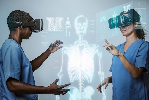 Free photo doctors wearing vr simulation with hologram medical technology