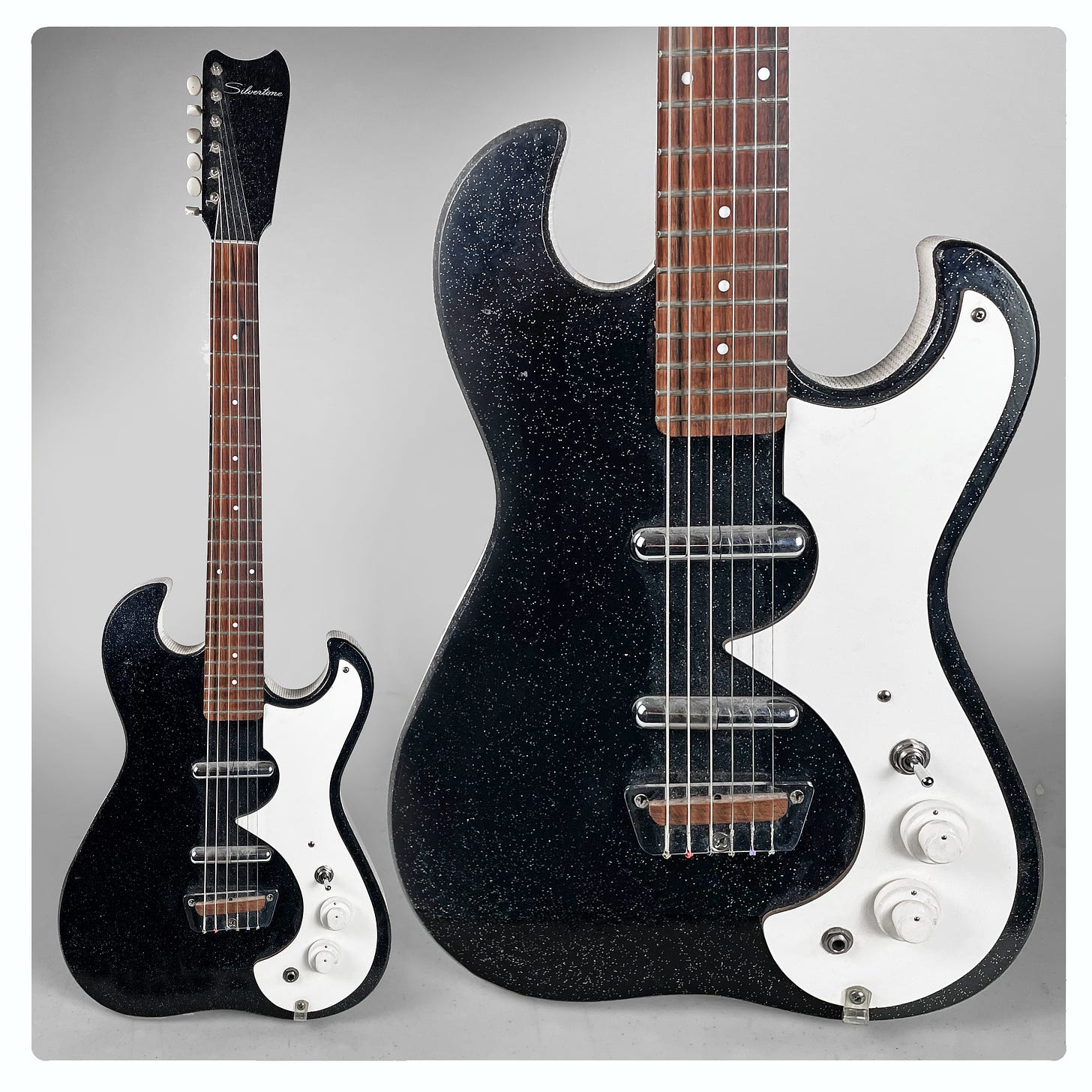 Jeff Tweedy’s 1960s Silvertone 1449 electric guitar, a black guitar with sparkly finish