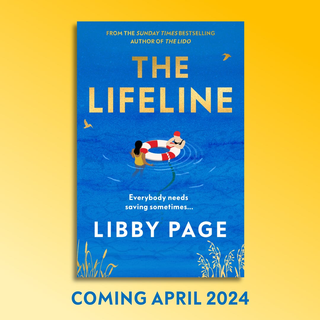 An image of the cover for The Lifeline by Libby Page. It is a deep blue with two women in the middle holding onto a lifering. There are reeds and ripples in the water and two kingfishers flying.