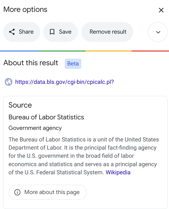 text in popup reads "The Bureau of Labor Statistics is a unit of the United States Department of Labor. It is the principal fact-finding agency for the U.S. government in the broad field of labor economics and statistics and serves as a principal agency of the U.S. Federal Statistical System"