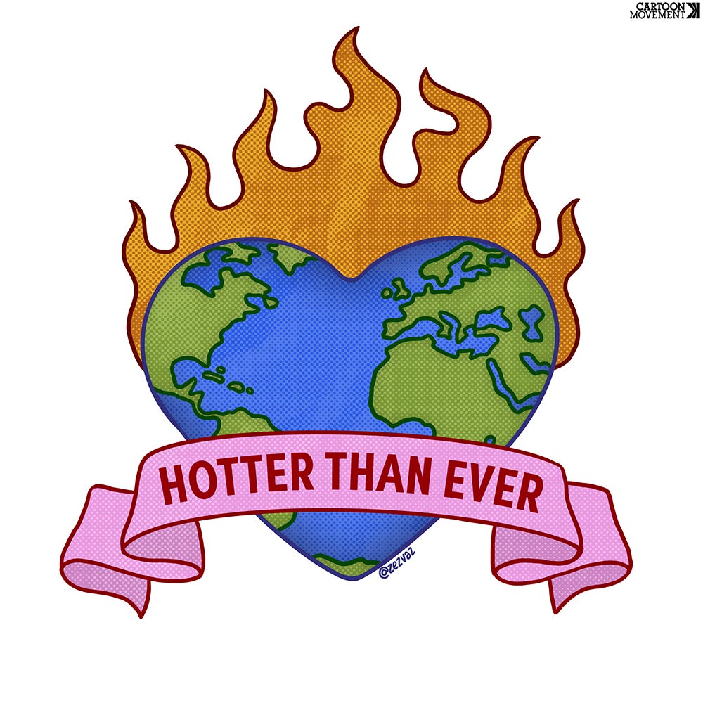 Cartoon showing a tattoo design of a heart-shaped earth in flames with a ribbon across it with the text 'Hotter than ever'.