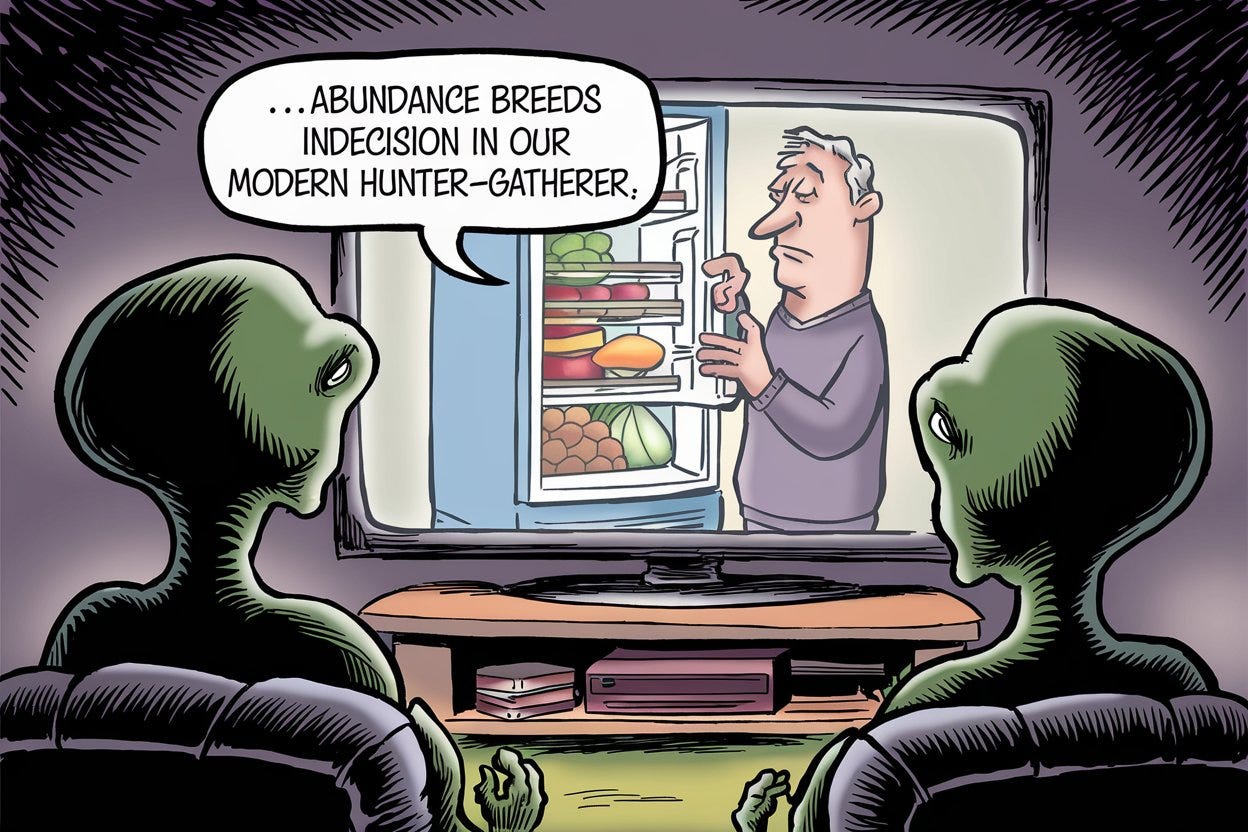 Cartoon illustration: Two aliens are watching a large TV screen. Inside the TV, a man is holding a fridge door open, looking dissatisfied and indecisive. A narrator's speech bubble coming from the TV says: '...abundance breeds indecision in our modern hunter-gatherer.' The aliens are in their futuristic living room with a focus on the TV screen.