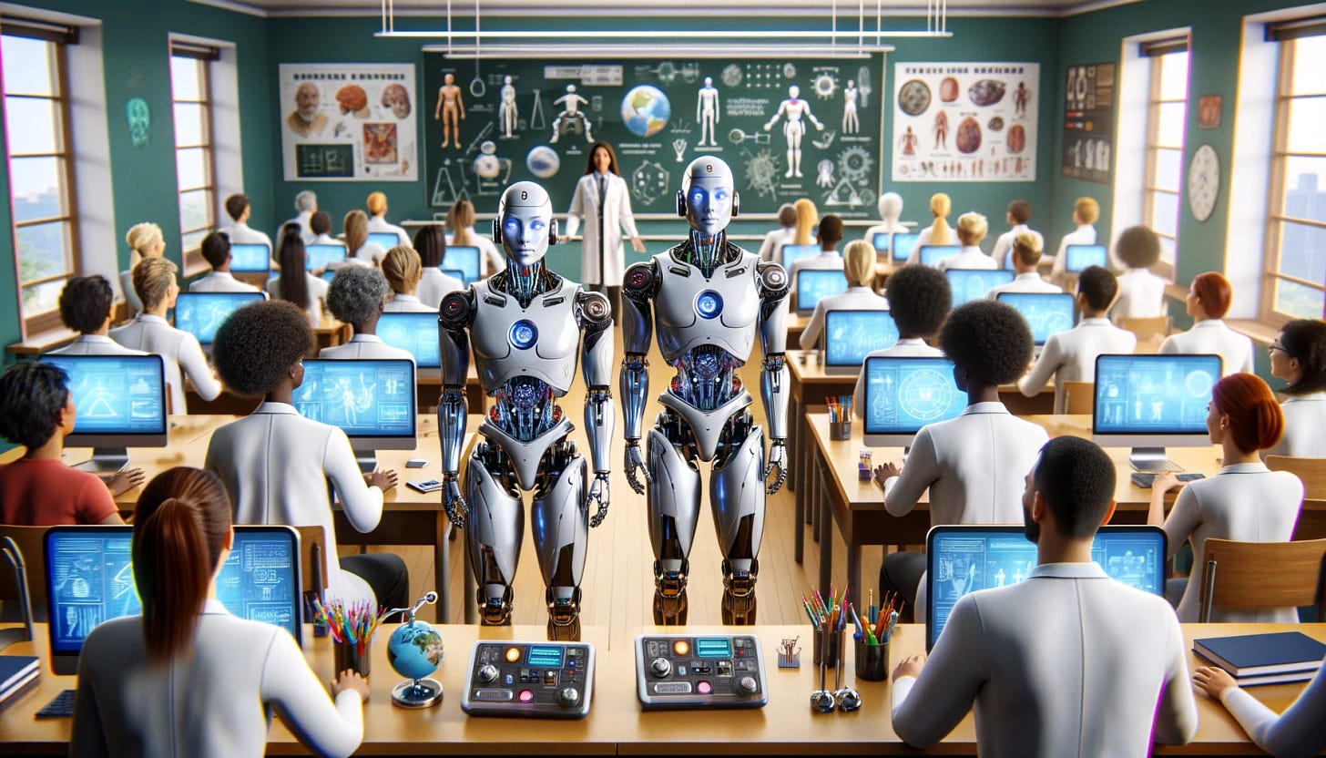In a classroom setting, a pair of identical robot twins stand at the front, their metallic surfaces reflecting light. They possess a humanoid design, with sleek, futuristic appearances. Around them, a diverse group of human scientists, each with distinct features and attire representing various ethnic backgrounds and genders, are engaged in teaching. The scientists are equipped with high-tech gadgets and instruments, showcasing a blend of advanced technology and human interaction. The classroom itself is adorned with scientific posters, digital displays, and modern educational tools, creating a harmonious blend of a traditional learning environment and cutting-edge technological advancements.