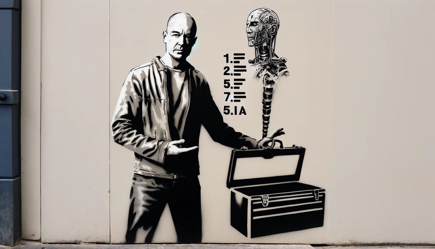 A stencil-style graffiti on a wall featuring a bald man in casual clothing pointing to a list of 5 items. In the background, emerging from behind him, is a toolbox with the letters 'IA' (for Inteligencia Artificial) on top. The overall composition should have a dynamic and urban feel, typical of street art.