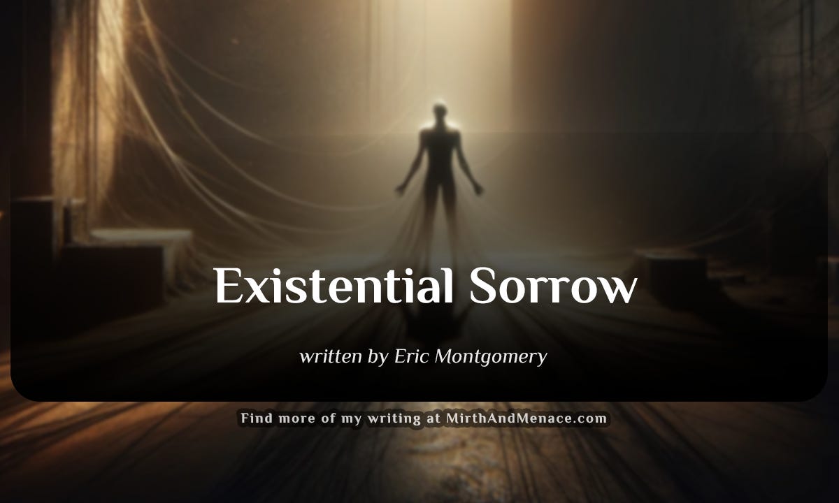 An Ai Generated image that shows a lone figure, engulfed in shadows, reaches out in a void, embodying a yearning for a warmth that remains just out of grasp, used as cover art for the poem "Existential Sorrow" written by Eric Montgomery, March 2024. www.mirthandmenace.com