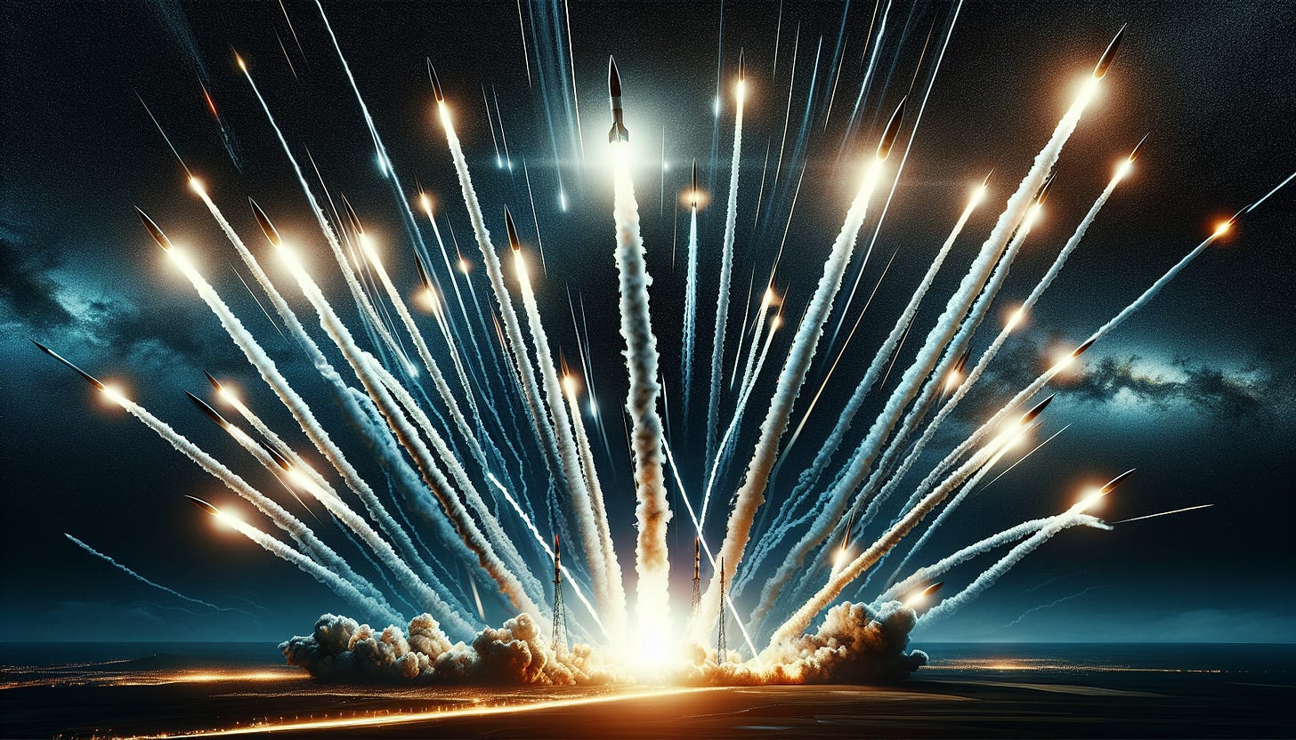 A dramatic scene of the sky filled with ballistic missiles being shot down by rockets. The night sky is illuminated by the trails of both the missiles and the defensive rockets, creating a chaotic yet striking visual. Explosions light up the sky as the rockets intercept the missiles. The overall atmosphere is tense and dynamic, capturing the intensity of the moment.