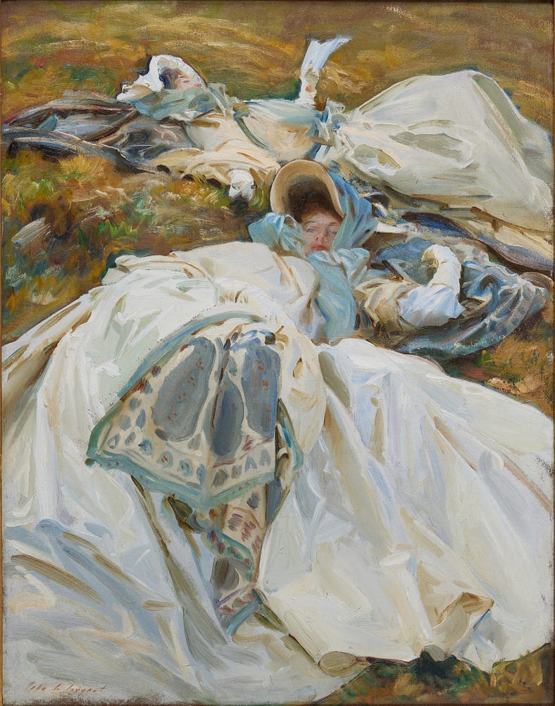 Two Girls in White Dresses (1909–11), sprawling on the grass in a mass of bonnet, wide skirts, Kashmir shawl and dozing — or profitably reading. Their dresses are unfashionably huge — the skirts fanning out around them.