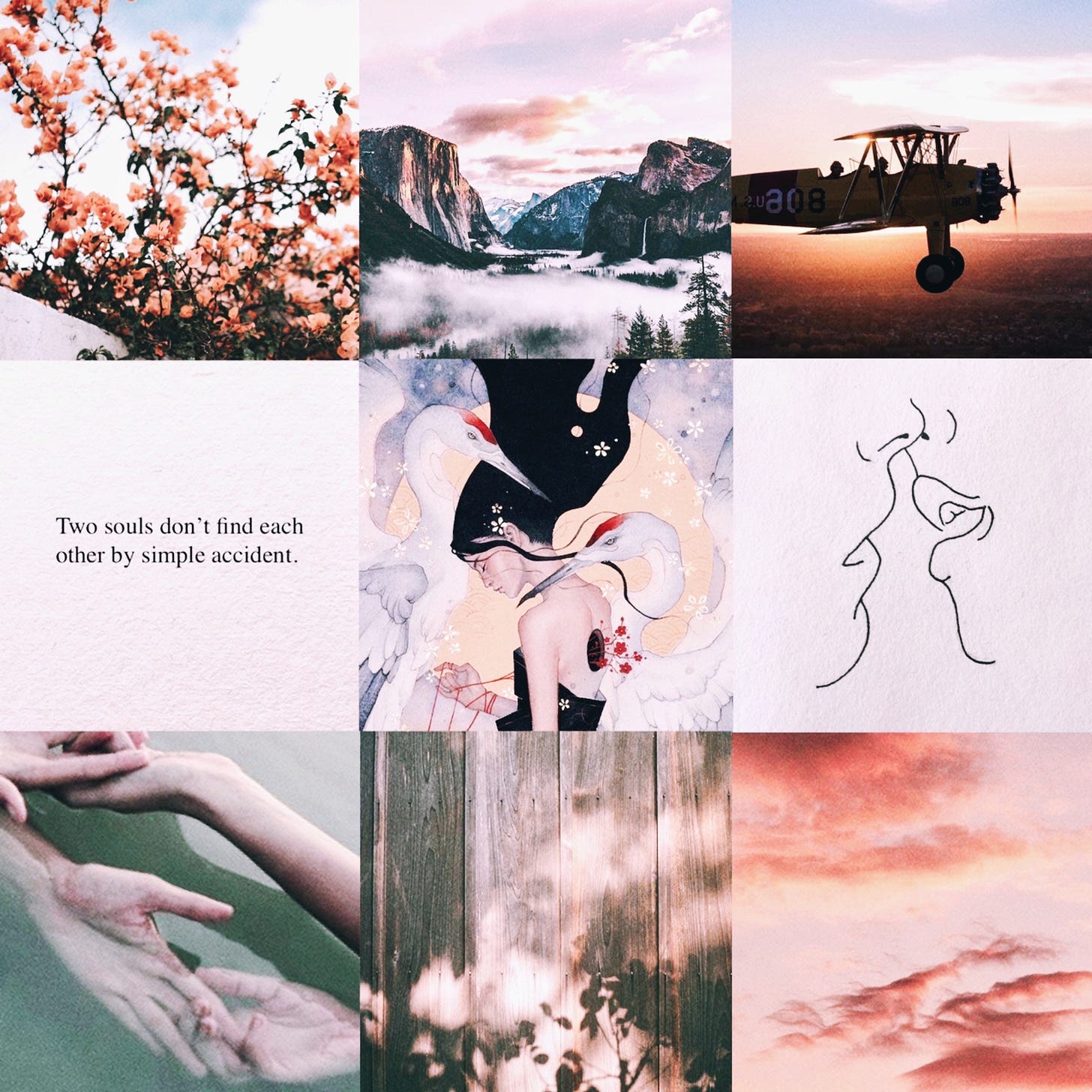 3 by 3 moodboard, with pictures from top left to bottom right: 1. pink-orange blossoms against a light blue sky, 2. brown cliffs against a pink-purple-tinged sky, 3. A biplane silhouetted against the sunset, 4. "two souls don't find each other by simple accident", 5. illustration of a girl with a hole in her back, through which she's pulling out a red string; two herons flank her, 6. line art of two people kissing, 7. a pair of hands grasping each other in milky green water, 8. wooden floorboards overlaid with shadows, 9. pink sky and clouds