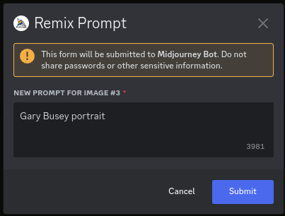 Remix prompt for image #3 with "Gary Busey" instead of "Shrek" in the text box