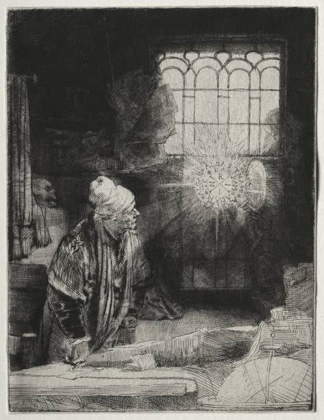 Faust, c. 1652. Rembrandt van Rijn . Etching and drypoint. Sheet: 21.2 x 16.2 cm . Platemark: 21 x 16 cm .