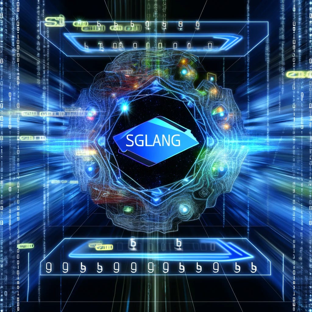 A futuristic, complex framework called "SGLang" designed to improve artificial intelligence models for super-fast inference predictions. The image showcases a sleek, high-tech interface with glowing lines and nodes representing data flow, advanced algorithms visualized through holographic projections, and a background filled with binary code streaming down. The centerpiece is a large, vibrant emblem of "SGLang," symbolizing speed and intelligence, surrounded by abstract representations of neural networks and speed indicators, highlighting the framework's capability to process vast amounts of data at incredible speeds.