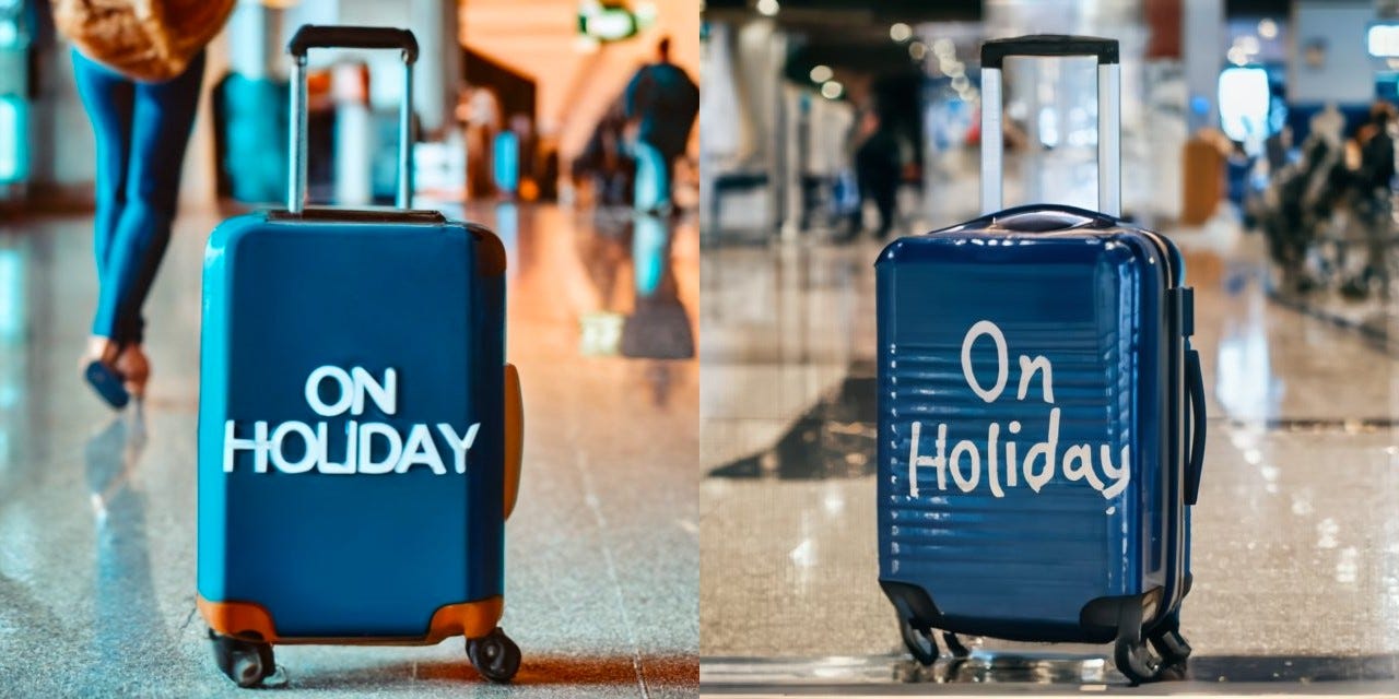 Side by side comparison of pictures of a suitcase with the words “on holiday” written on it