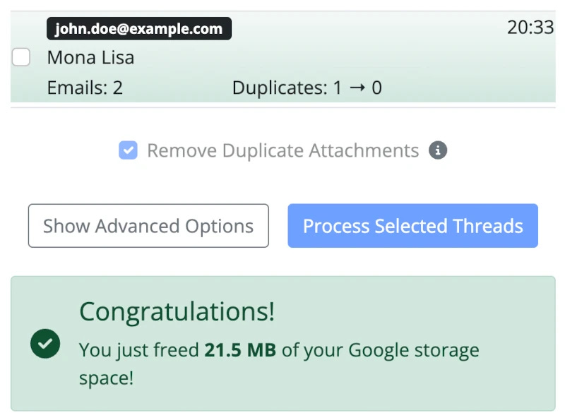 The UI showing the results of successfully removing the duplicate attachment from the example thread.