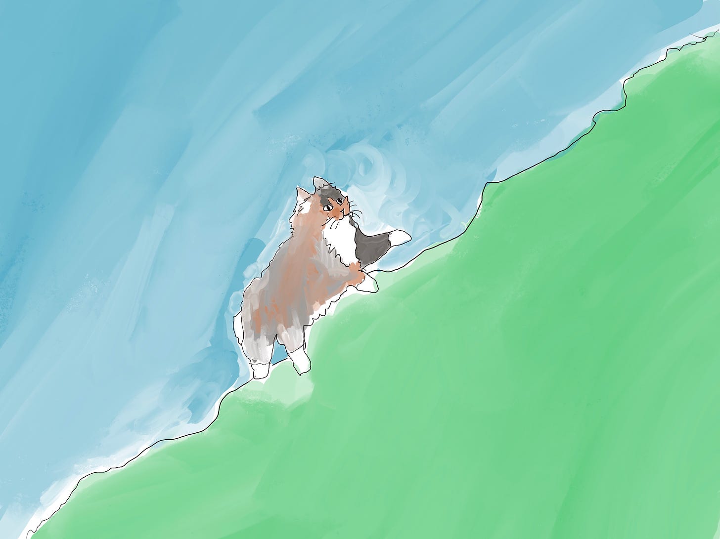 drawing of a long-haired cat running up a hill