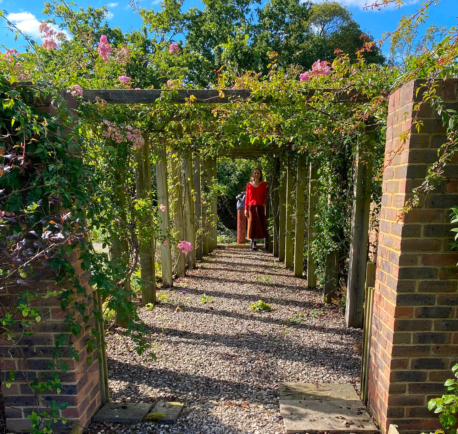 a woman in a. garden with roses