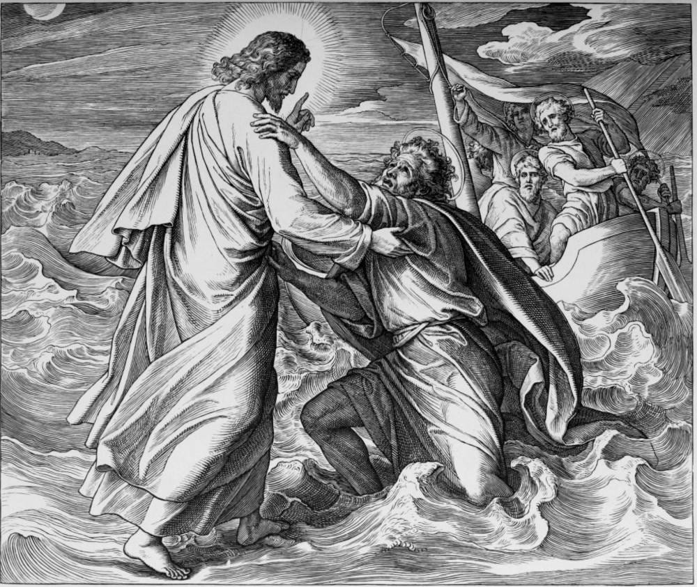 Jesus holds the sinking Peter on the sea” by Julius Schnorr von Carolsfeld  (1794–1872).
