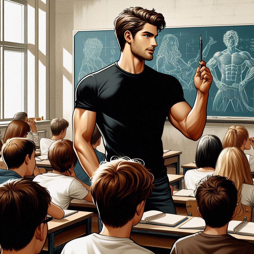 A handsome young man in a black t-shirt stands at the front of a classroom and lectures a class of junior high students of both sexes. The class is very attentive. Heroic. Frazetta-style. Painting.