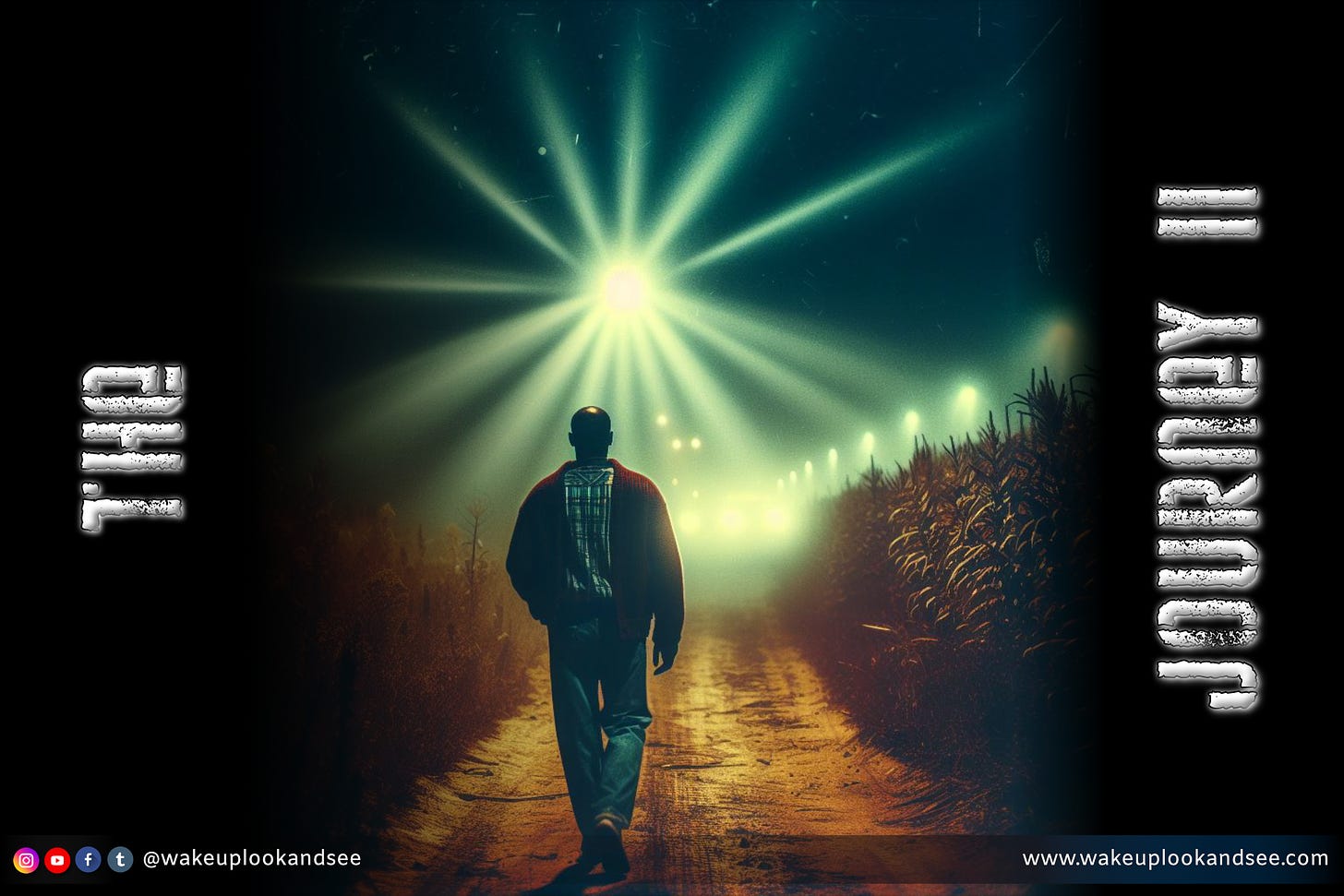 the journey 2 - A black man walking down a dirt road towards the light in the dead of night