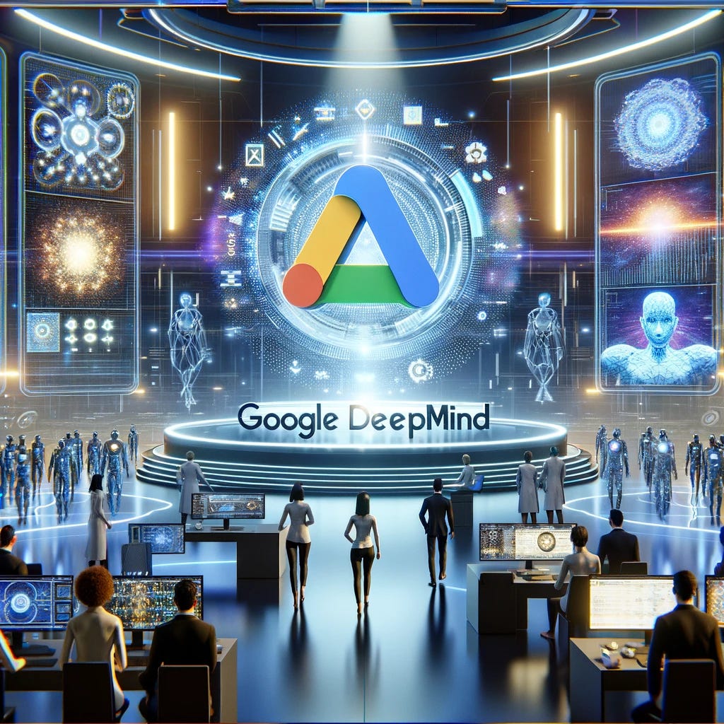 A high-tech scene showing Google DeepMind releasing multiple AI models for language, image, and video. The central focus is a large, prominent Google DeepMind logo in the center. Surrounding the logo are holographic displays and transparent screens illustrating the AI models: a language model with dynamic text and symbols, an image model with a mosaic of evolving pictures, and a video model with a sequence of frames transitioning smoothly. The background features a futuristic lab environment with diverse scientists (Caucasian, Black, Asian, Hispanic) in smart attire, interacting with the technology. The atmosphere is bright and futuristic, with LED lighting and digital interfaces.