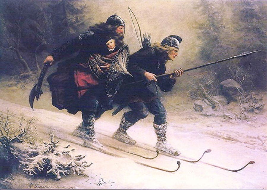 According to legend, the top two Birkebeiner skiers, Torstein Skjevla and Skjervald Skrukka, took Håkon Håkonsson (the king's son) to safety with King Inge II at Christmas by Mayer Bruno. (1869) (Public Domain)