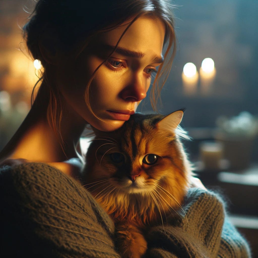 A poignant scene featuring a woman with a somber expression gently holding a cat in her arms. The setting is indoors, with soft lighting that casts a warm glow on the duo, highlighting their bond. The woman's eyes are downcast, reflecting a sense of melancholy, while the cat looks comfortable and at ease, nestled against her. The background is blurred, focusing attention on the emotional connection between the woman and her feline companion.