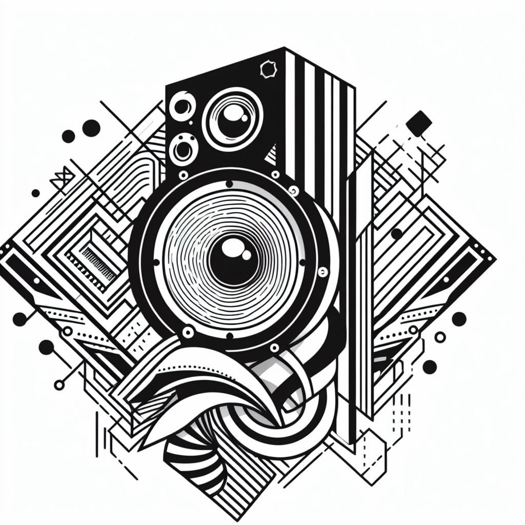 tattoo modern composition of an audio speaker symbol with geometric form , like pattern, abstract vector flat design, clean line art, fine line Art, coloring page featuring a black and white --ar 2:3 --q 5 --v 5.1