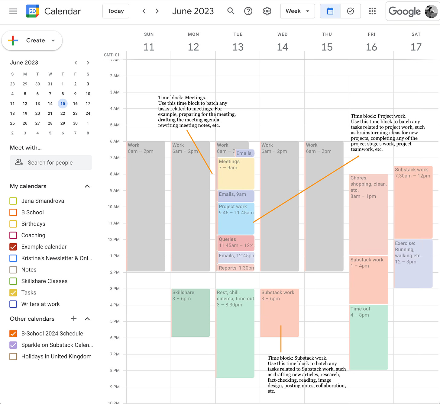 Google calendar demonstrating task batching and time blocking