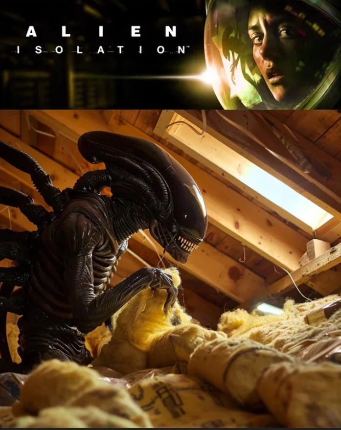 This meme shows a headline of "Alien: Isolation", under which Geiger's Alien is spreading insulation material in an attic space. She is lit by sunlight streaming in through a Velux window.