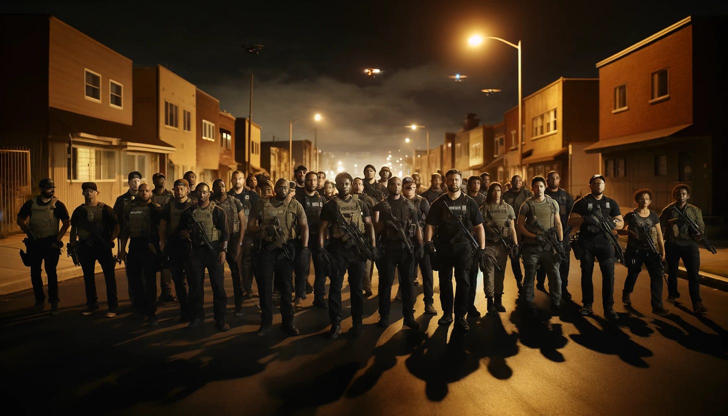 A group of about 40 diverse, legally armed citizens patrolling the dimly-lit streets of a neighborhood. The group consists of men and women of various ages, predominantly Black, wearing civilian clothes with visible body cameras and holstered firearms. The urban backdrop includes residential buildings and street lights casting long shadows. A few drones hover overhead. The atmosphere is tense but controlled, with the group walking in a coordinated manner, looking vigilant and ready to act. The image evokes a sense of unity and determination among the group members as they watch over their community. No police presence is visible.
