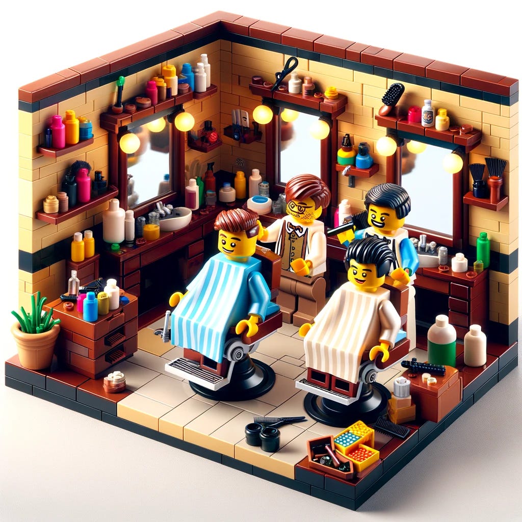 A 3-D style image showcasing a diverse set of two Lego characters in a detailed Lego-style barber shop. This Lego-built environment includes barber chairs, mirrors, and various barber tools, such as scissors and combs, all made from Lego blocks. The characters should display diversity in their designs, colors, and roles, with one getting a haircut and another patiently waiting. The barber, also a Lego figure, should be creatively designed to add to the diversity of the scene. The atmosphere should be lively and engaging, capturing the essence of a bustling Lego barber shop with rich colors and playful textures.