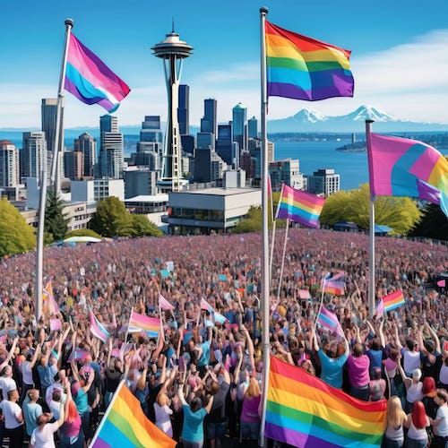 Trans and nonbinary people gather in a crowd in front of the Space Needle and raise queer flags. AI image.