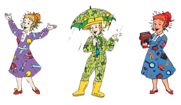 Miss Frizzle in purple science dress, green weather jumpsuit, and blue reading dress.