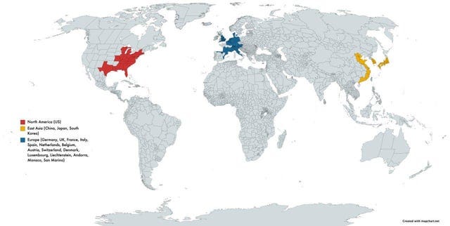 r/MapPorn - These three regions make up 50% of world GDP