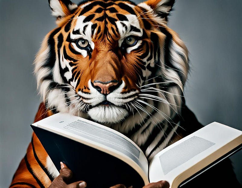 Tiger reading large script book