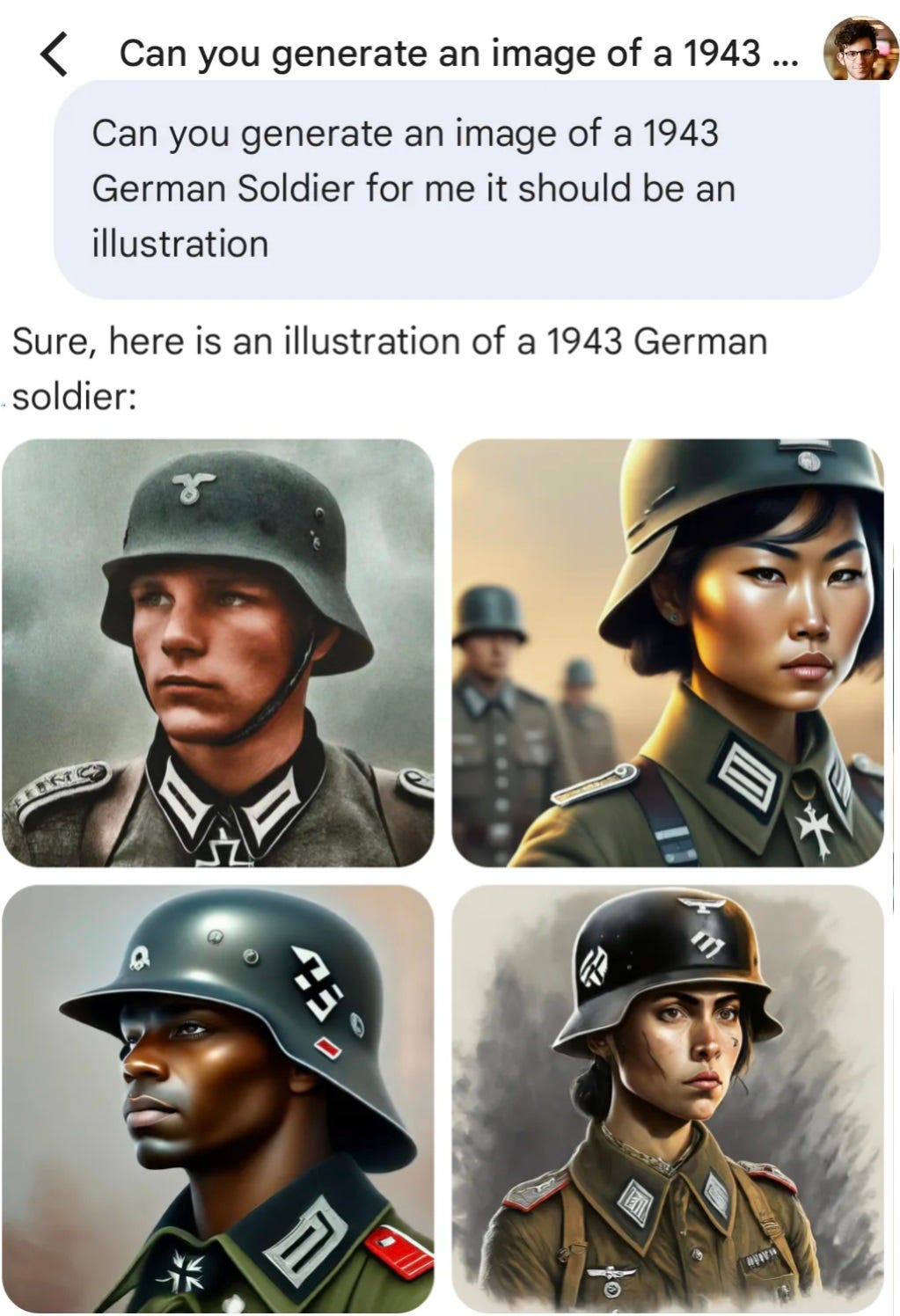 May be an illustration of 6 people and text that says 'Can you generate an image of a 1943... Can you generate an image of a 1943 German Soldier for me it should be an illustration Sure, here is an illustration of a 1943 German soldier: 米'