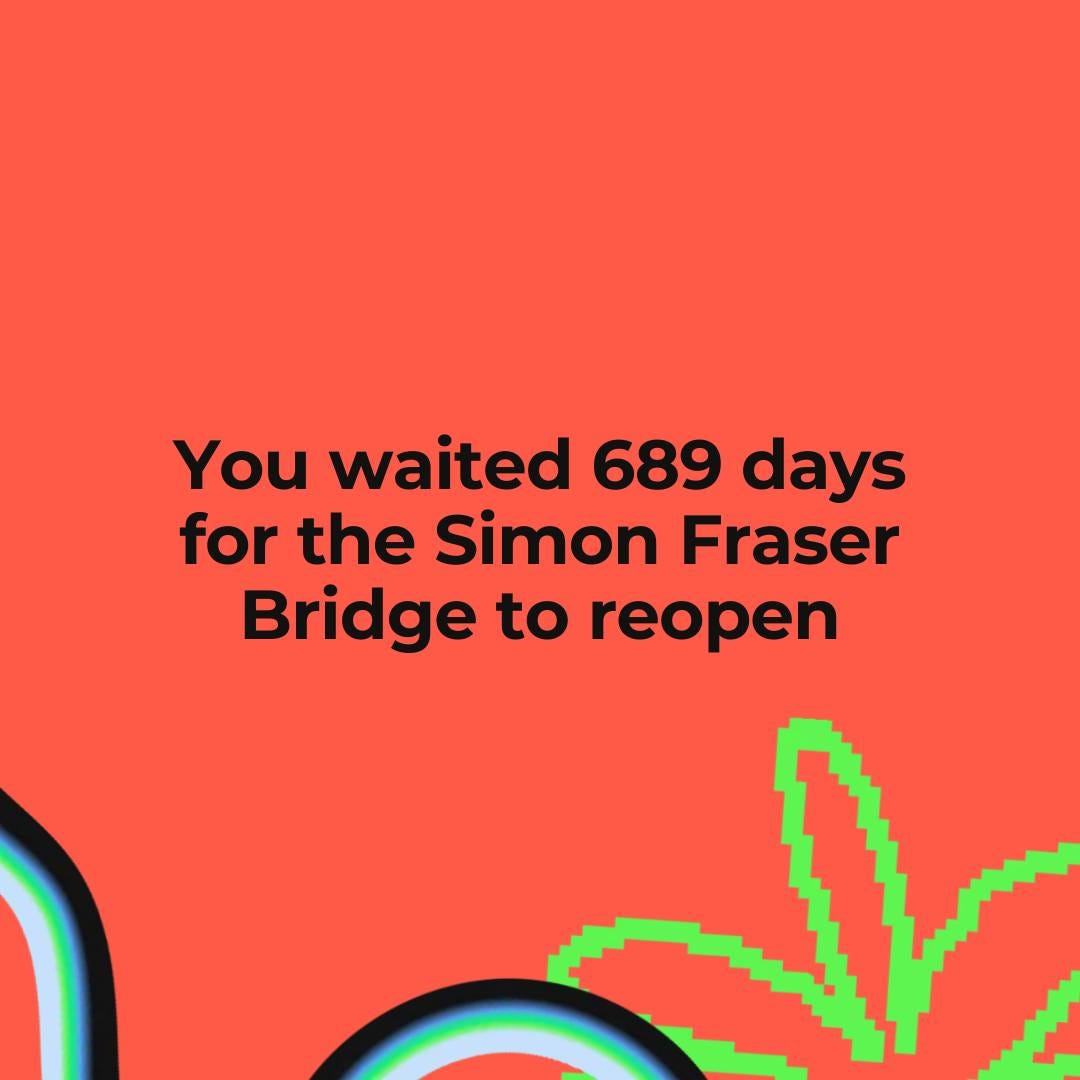 May be a graphic of text that says 'You waited 689 days for the Simon Fraser Bridge to reopen'