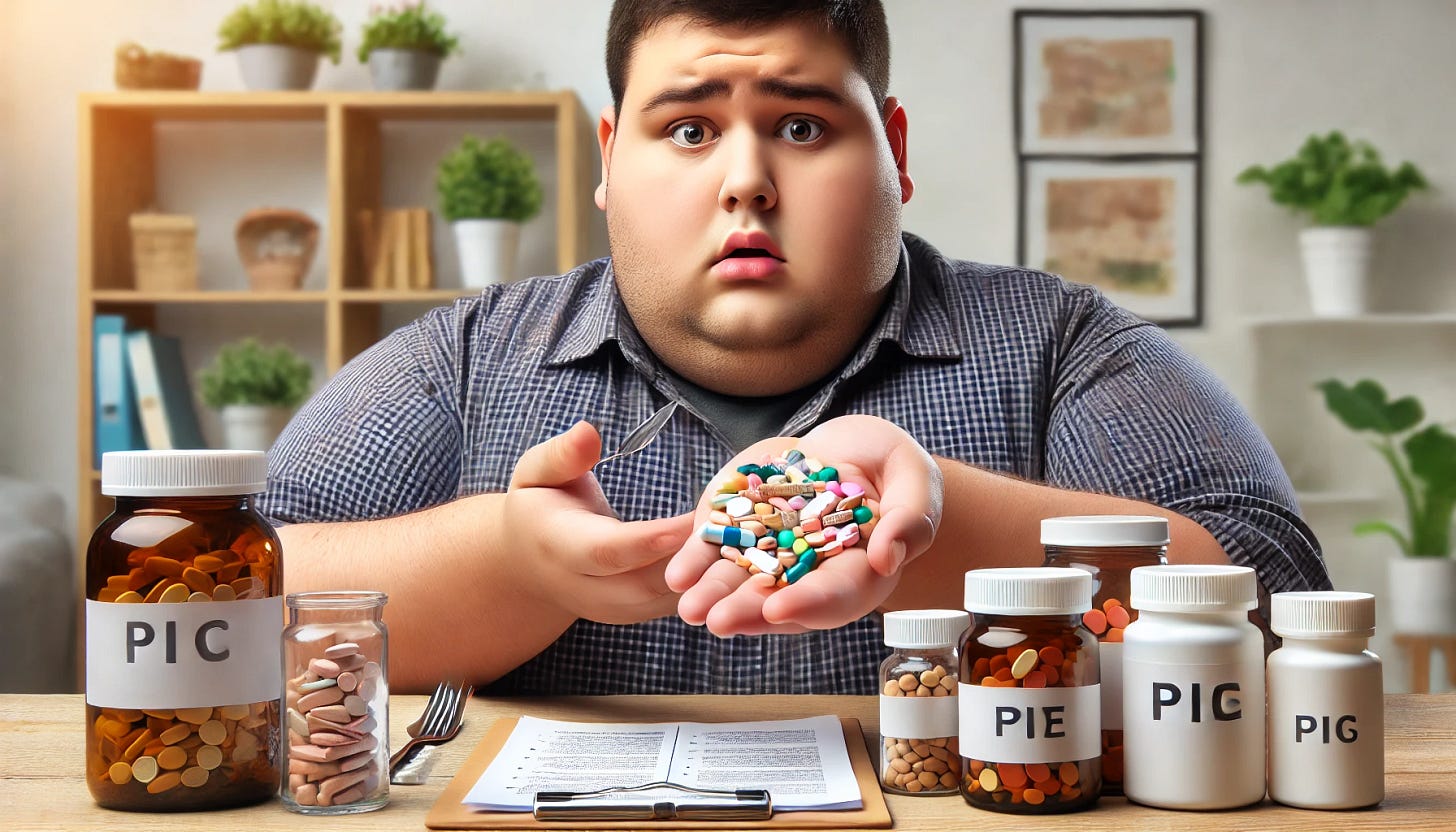 A rectangular image depicting an overweight patient holding a variety of different pills in their hand, looking confused and uncertain about which medication to take. The scene focuses on the patient's expression of doubt and hesitation. The pills are a mix of various shapes, colors, and sizes, symbolizing the complexity of managing multiple health conditions. The background suggests a home or clinical setting with a table, prescription bottles, and medical notes. The tone of the image conveys the struggle and confusion often faced by patients with obesity when managing multiple medications.