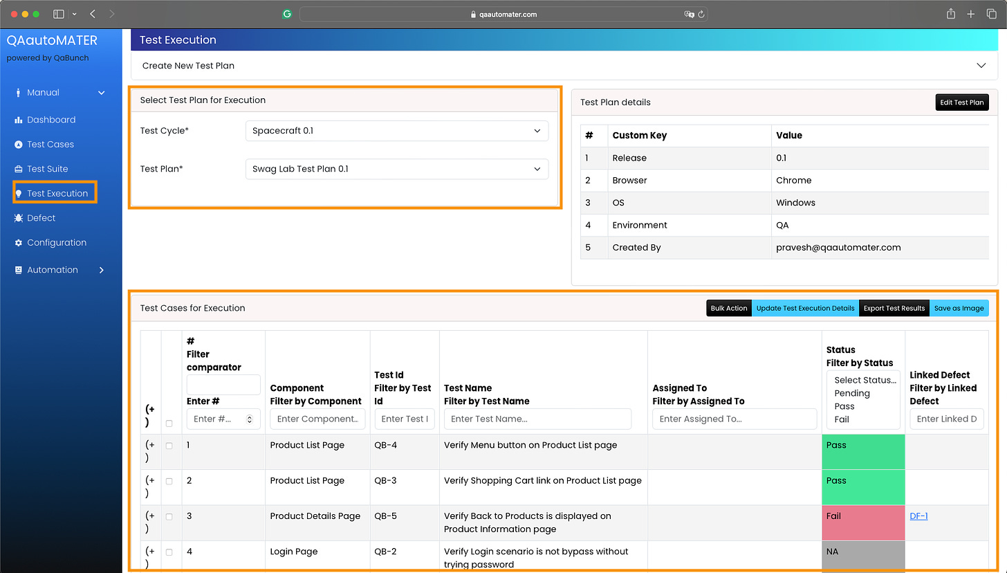 Test Execution shows the details of the execution of the tests