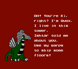 A screenshot of Quox, the helmet-wearing green dragon, saying, "Oh! You're Ki, right? I'm Quox. I live in this tower. Ishtar told me about you. Use my warps to skip some floors!"
