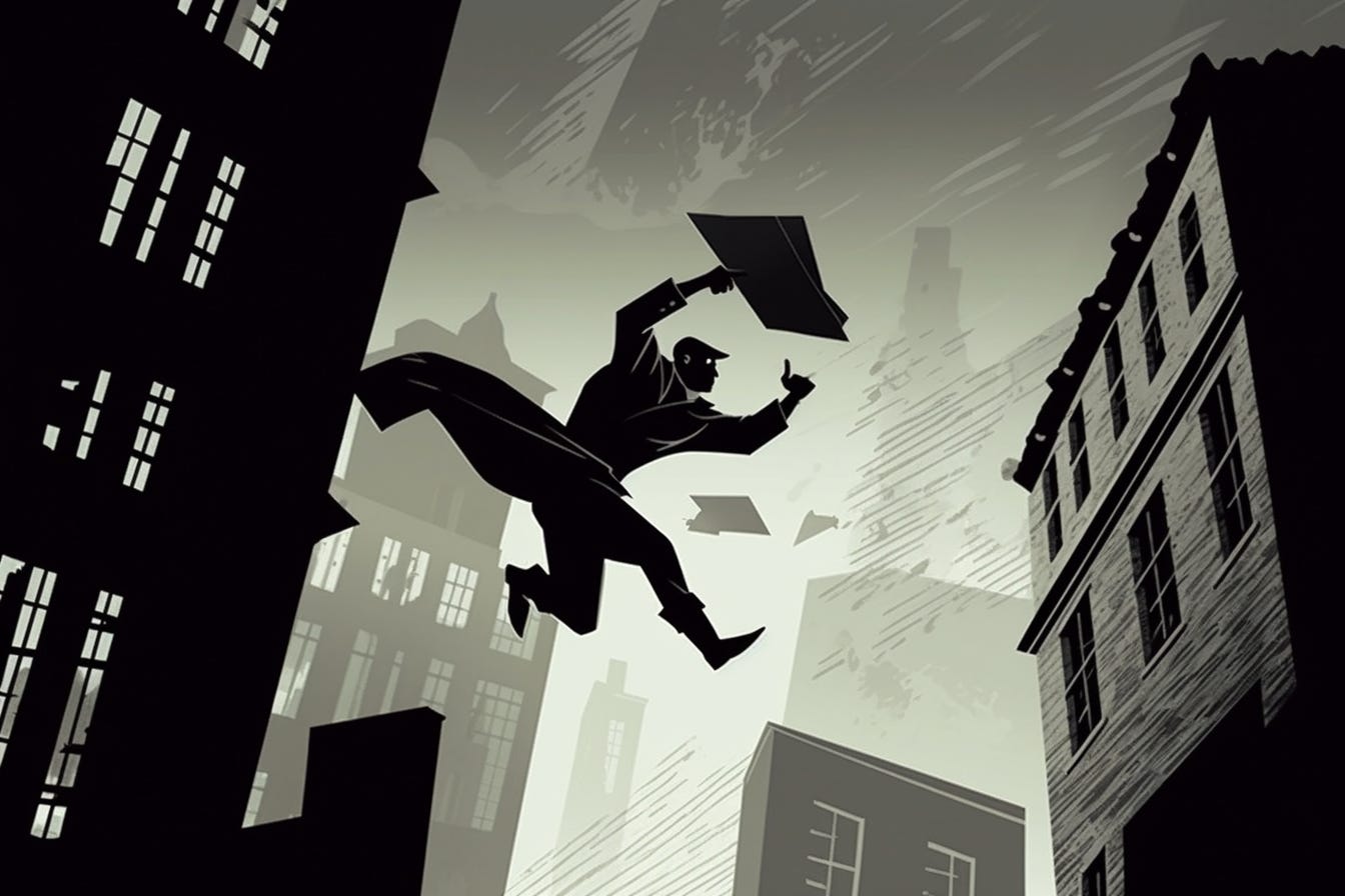 A stylized, whimsical noir drawing of a detective jumping off a building in the rain