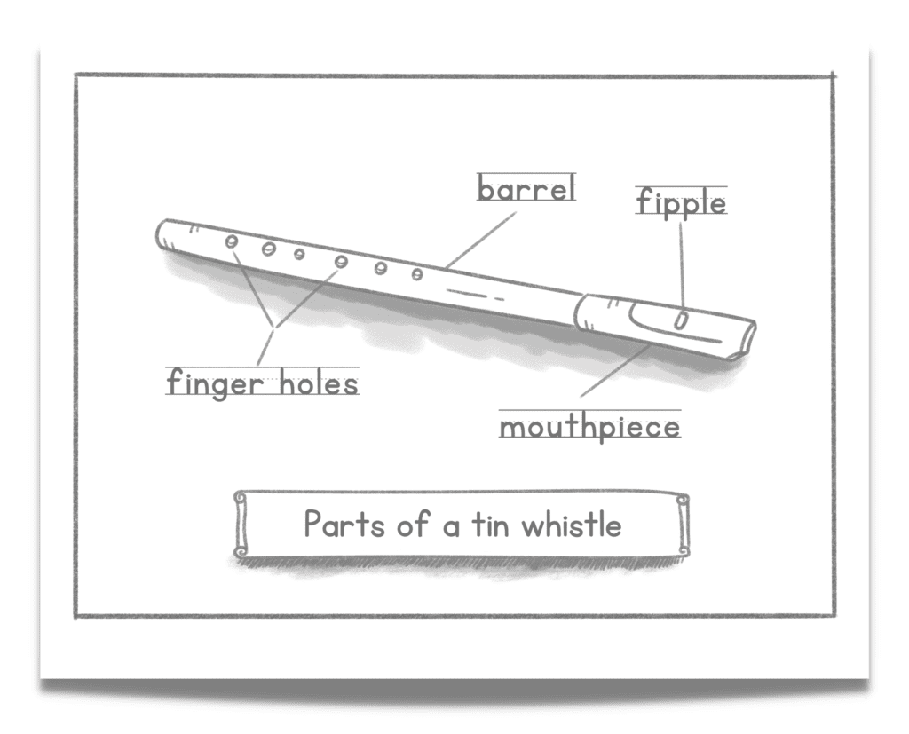 This image features a picture of a diagram of the parts of a tin whistle.