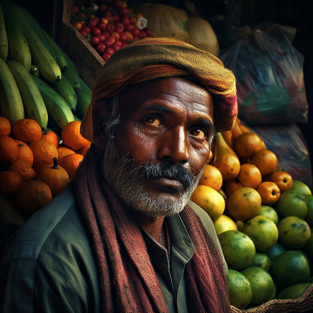 "Beneath the Canopy" is a stunning photograph of an indian street vendor, surrounded by a vibrant array of fruits and vegetables. The bold colors and rich textures of the produce create an intricate visual tapestry. the vendor's sharp face with clear features and a defined jawline show the clarity of his vision, while his weathered hands reveal a lifetime of dedication to his craft. This image is an homage to the unsung artisans who bring life and beauty to the world.