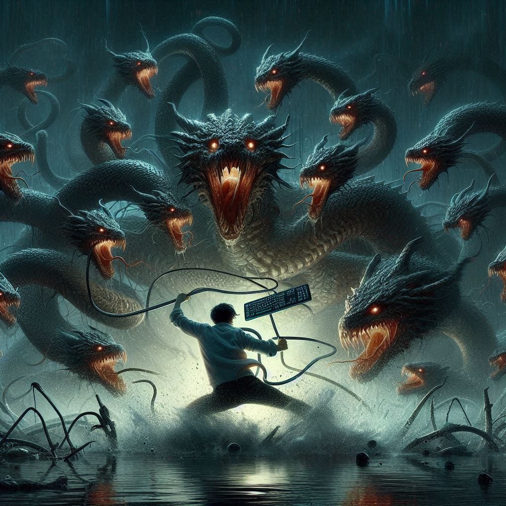 digital art of a dark swamp fight between a multi-headed hydra and a young man swinging a computer keyboard