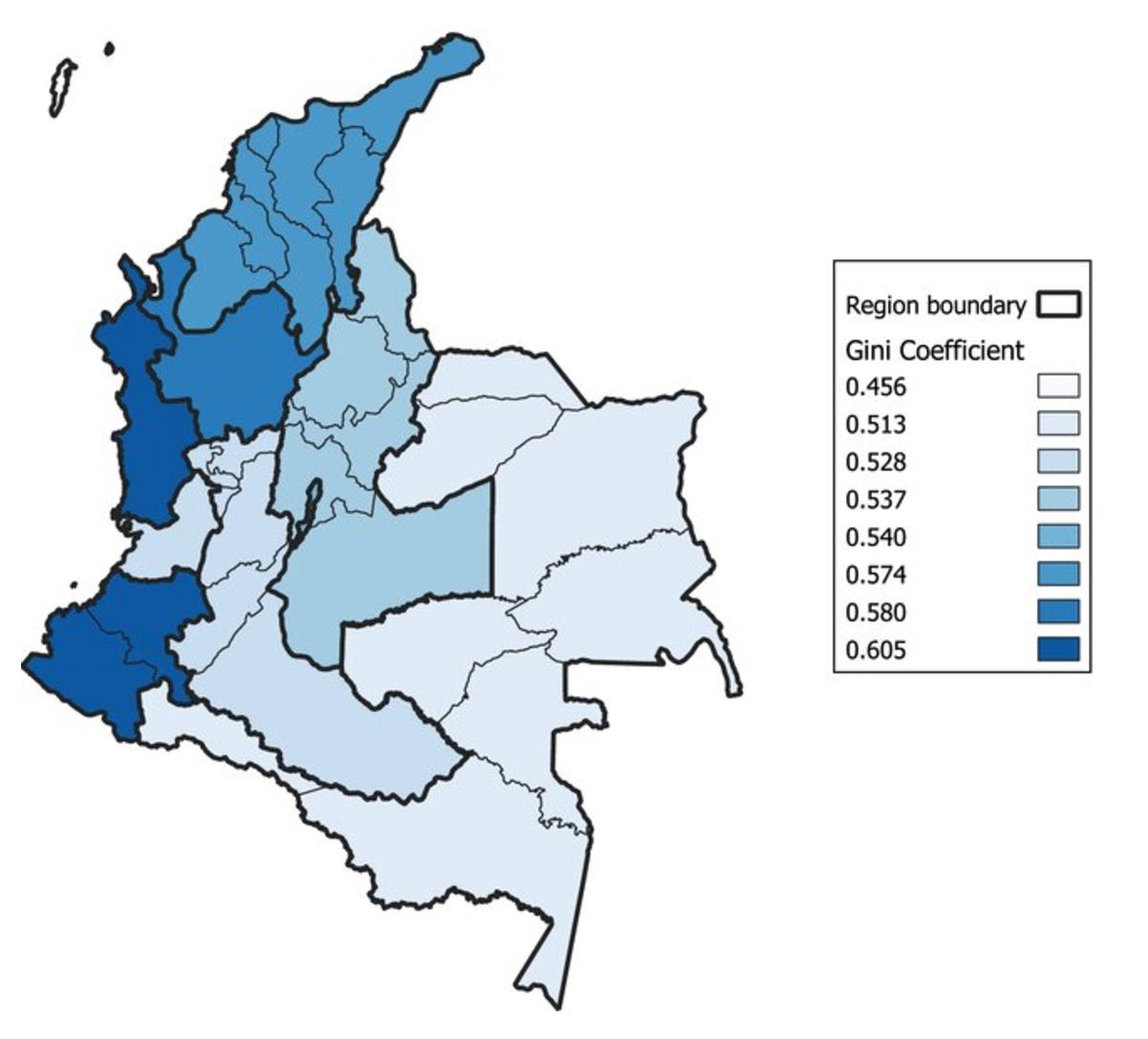 Gini-coefficient across Colombian regions. The higher the value the darker the colouring and the more unequal the region is