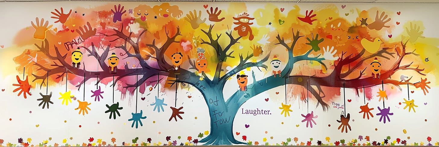 A vibrant and colorful mural depicting a large, whimsical tree whose branches spread across the canvas. The tree is adorned with playful characters with smiling faces, appearing to be hanging from or sitting on the branches. Surrounding the tree are handprints in various colors that seem to float like leaves, contributing to the joyful atmosphere of the scene. The background transitions through a warm palette of oranges, yellows, and reds, with heart shapes and smaller figures scattered throughout. The word "Laughter." is prominently displayed at the bottom right, encapsulating the theme of the artwork.