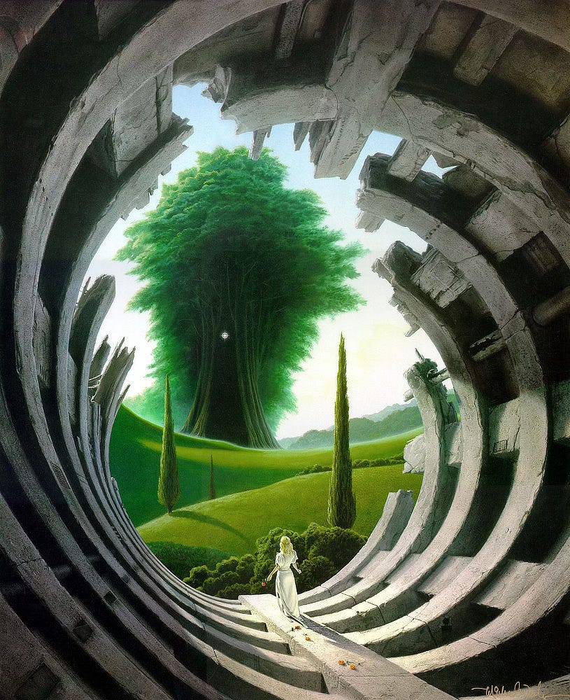 A blonde woman in white dress emerges from a tunnel of reinforced concrete to view a pastoral landscape. She has discarded a trail of roses along the raised walkway out. Reinforced by bands of concrete, the toroid becomes weathered and breaks down structurally, exposing a greater view at the top. Framed by the tunnel opening in the distance, a tree with a massive trunk fills the view. A mass of vegetation from the line of trees behind it form a leafy mane extending the height of the tree. A point of light flares star shaped halfway up the trunk.