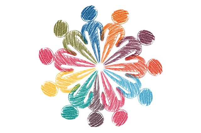 Simple stick-figure like people, with their legs emanating out from the center of a circle and their heads around the perimeter, each colored by pencil in a different bright color